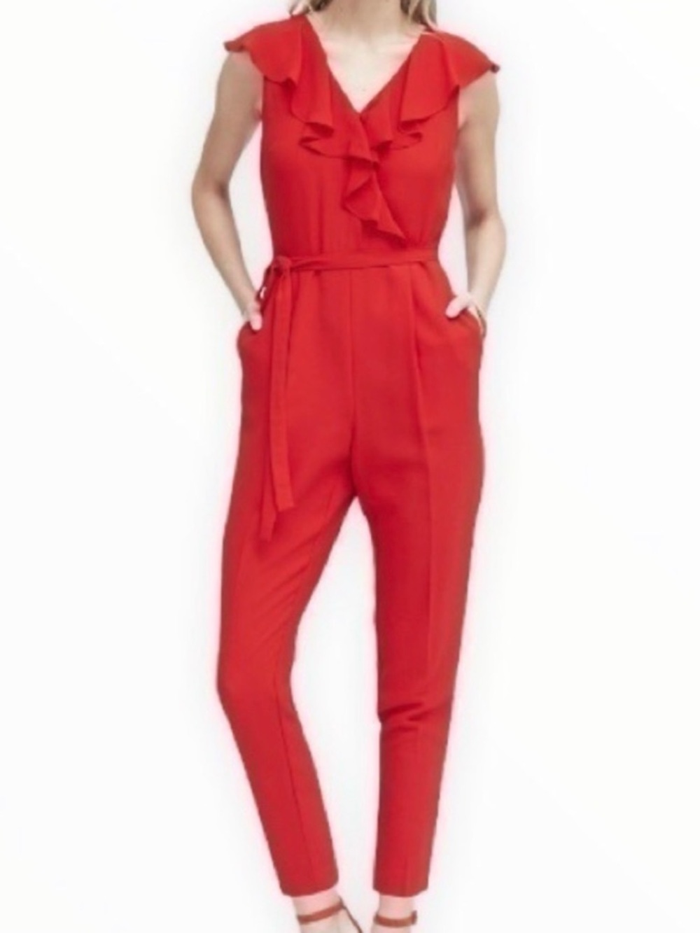 Banana Republic Red Ruffle V-Neck Sleeveless Jumpsuit
